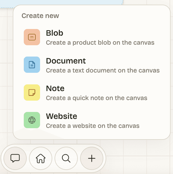 The canvas can hold blobs, documents, notes, and even full websites — all persistent across chats.